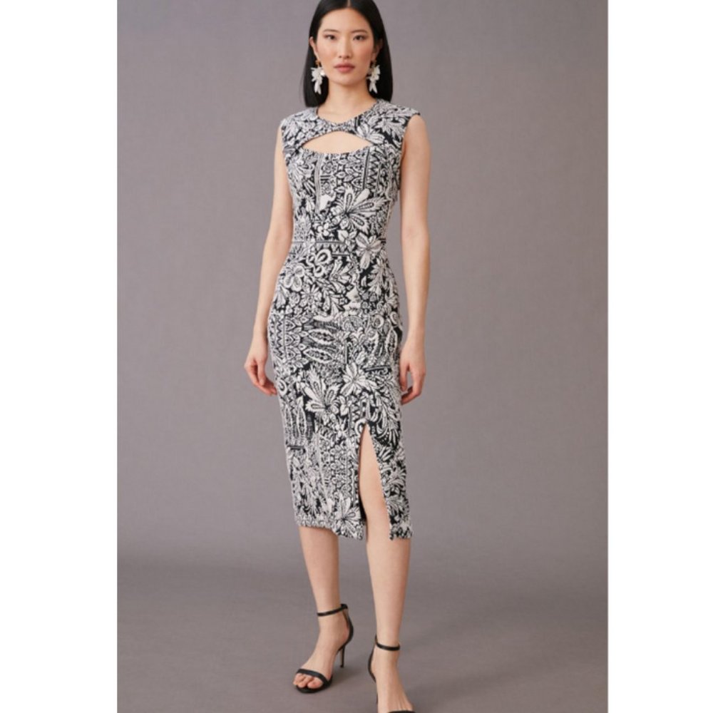 Anthropologie Jacquard Cut-Out Midi Dress in Black / White Size S NWT